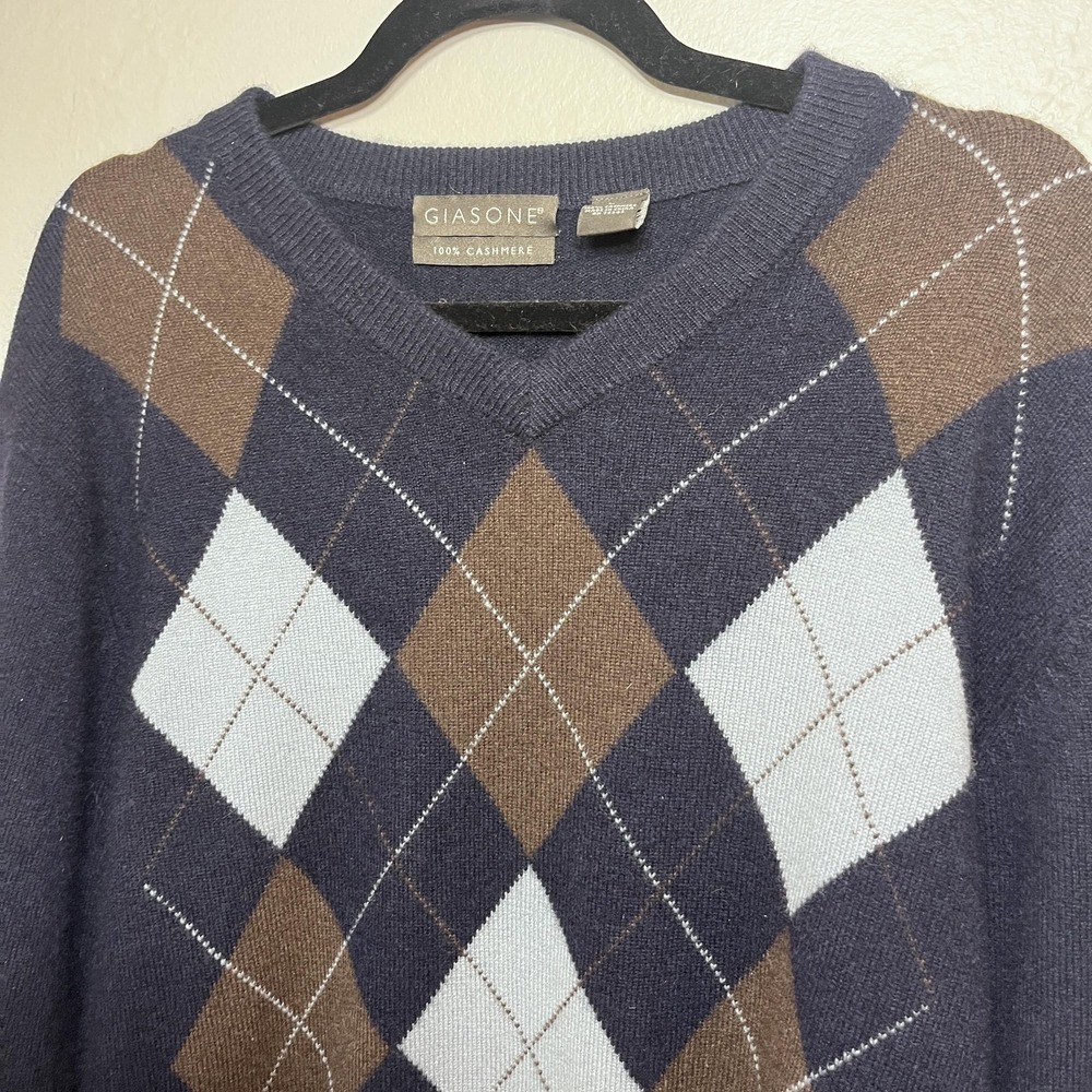 Giasone Sweater Mens Large Navy Argyle 100% Cashmere V Neck Preppy Academia - Picture 2 of 8